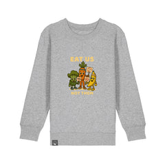 Sustainable kids sweater in grey organic cotton with Full Squad hero design, Roots for Our Future, 10 colors