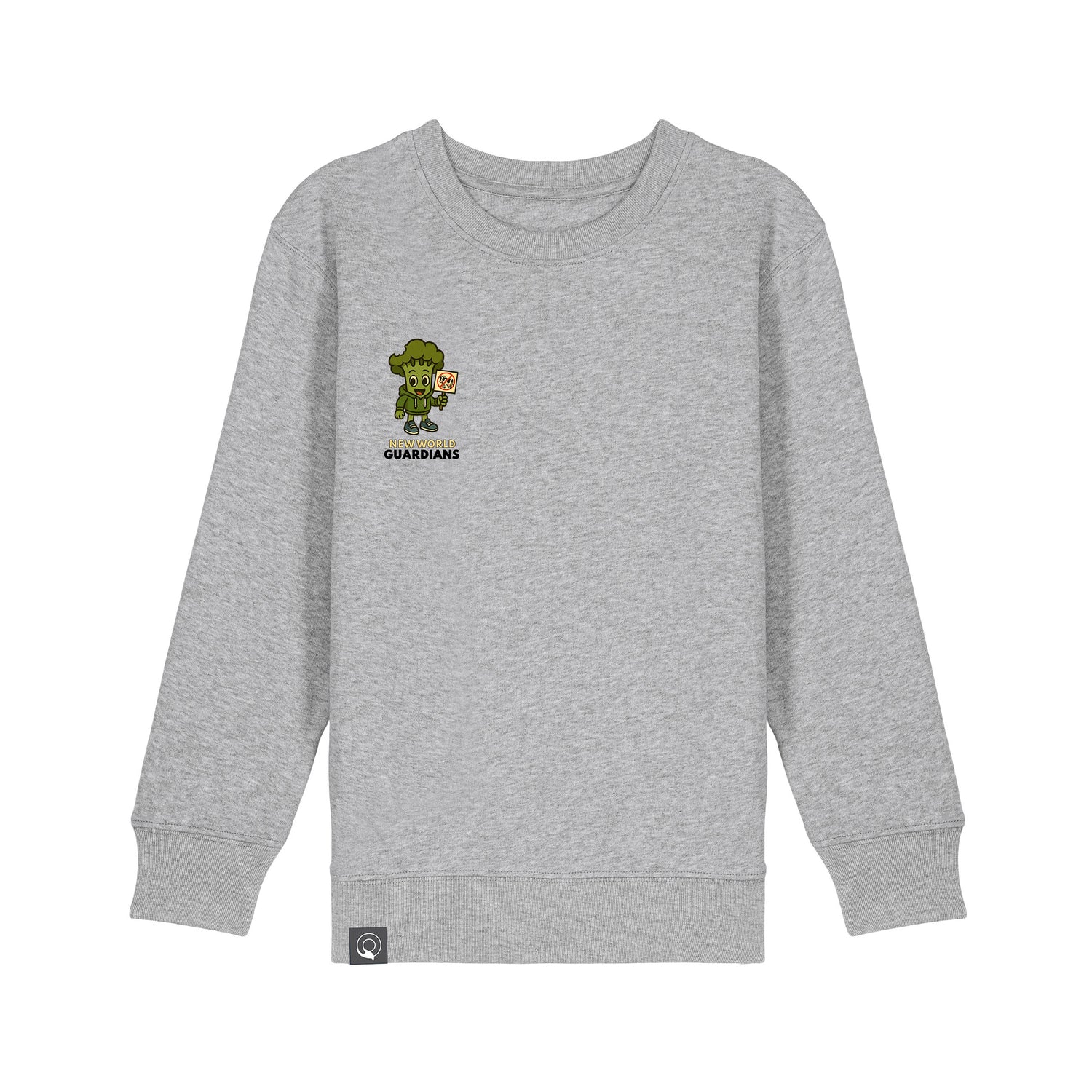Sustainable organic cotton kids sweater grey with Steamy hero design, Roots for Our Future, ten colors