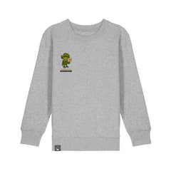 Sustainable organic cotton kids sweater grey with Steamy hero design, Roots for Our Future, ten colors