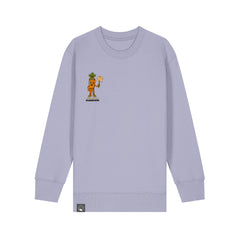 Roots for Our Future kids sweater in purple organic cotton with Crunch vegan hero graphic, 10 color variations