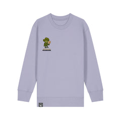 Roots for Our Future kids sweater in light purple organic cotton with Steamy vegan hero print, 10 colors available
