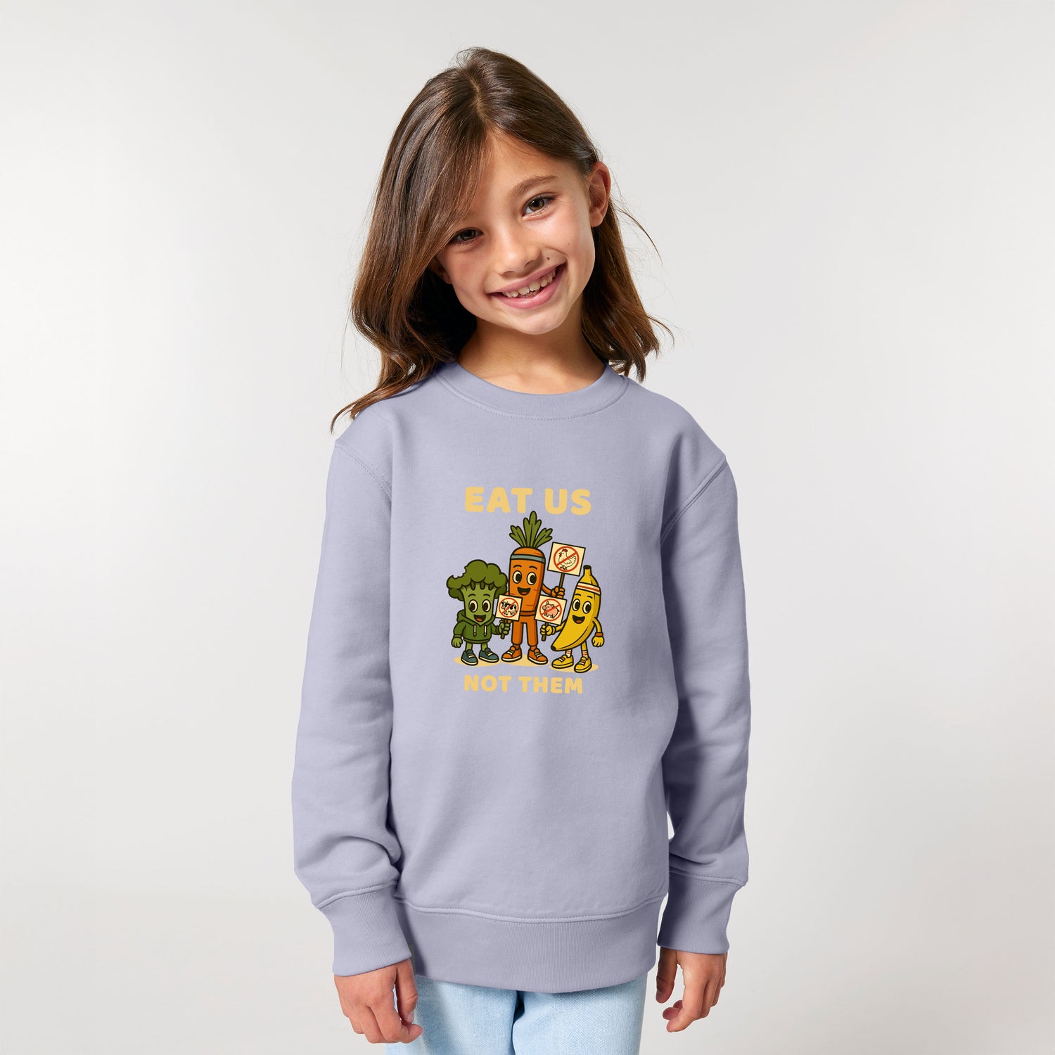 Happy child in sustainable purple organic cotton sweater with Full Squad vegan hero graphic, ten colors