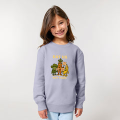 Happy child in sustainable purple organic cotton sweater with Full Squad vegan hero graphic, ten colors