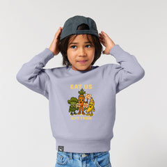 Child modeling light purple kids sweater made from organic cotton with Full Squad hero design, sustainable fashion, 10 colors