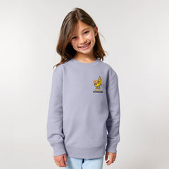 Roots for Our Future collection – child in organic cotton sweater with Bany hero print, light purple, 10 color options