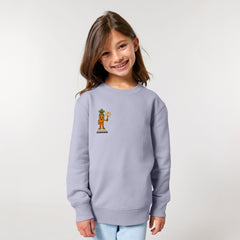 Young girl wearing a light purple sweatshirt with Crunch vegan hero print, Roots for Our Future, 10 colors