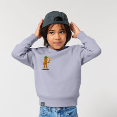 Child in eco-friendly purple sweater made from organic cotton with Crunch plant hero design, 10 color options