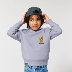Child wearing light purple organic cotton kids sweater with Bany vegan hero print, Roots for Our Future, available in 10 colors
