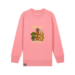 Roots for Our Future kids sweater in pink organic cotton with Full Squad vegan hero print, 10 colors available