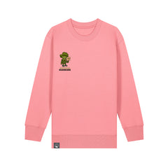 Eco-friendly pink kids sweater with Steamy vegan hero graphic, made from organic cotton, 10 color options
