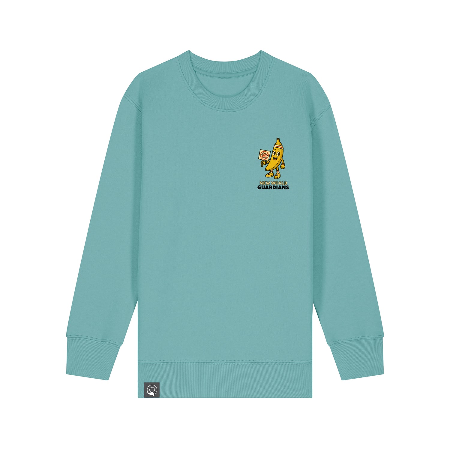 Green children’s organic cotton sweater with Bany vegan hero print, sustainable clothing in ten colors