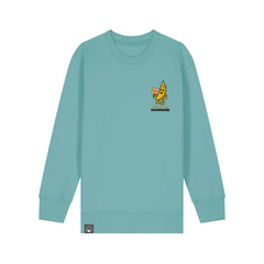 Green children’s organic cotton sweater with Bany vegan hero print, sustainable clothing in ten colors