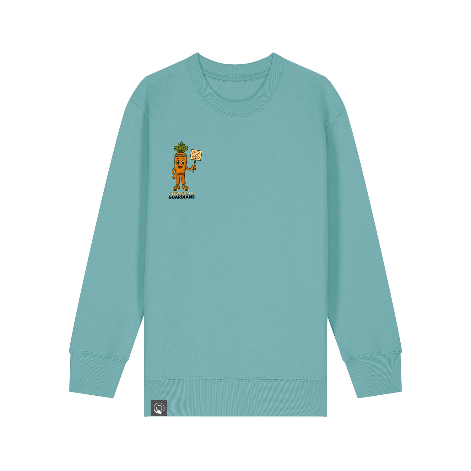 Green sustainable kids sweater with Crunch plant hero graphic, made from organic cotton, available in 10 colors