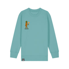 Green sustainable kids sweater with Crunch plant hero graphic, made from organic cotton, available in 10 colors