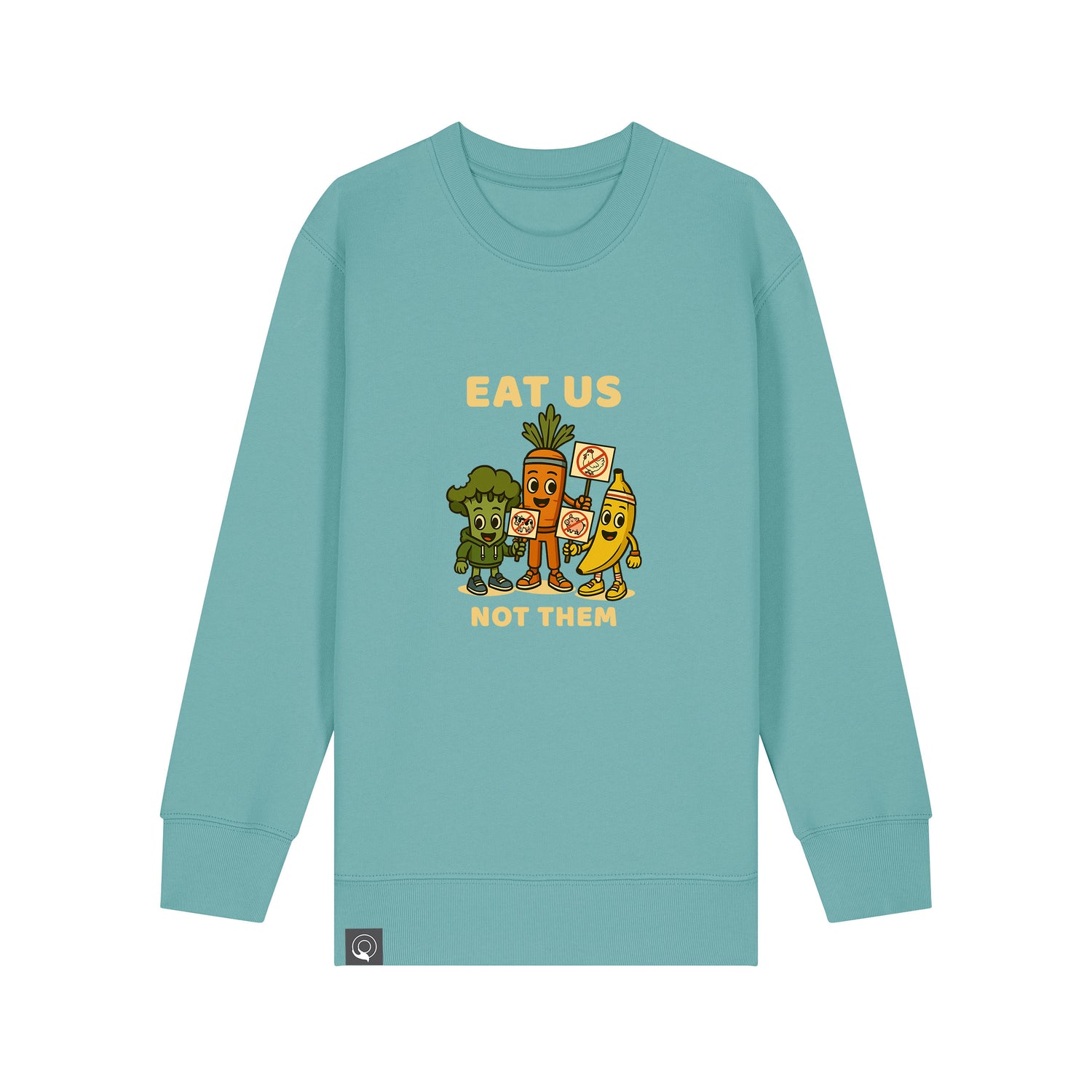Organic cotton children’s sweater in turquoise with Full Squad hero design, sustainable clothing, ten colors