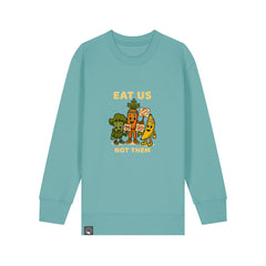 Organic cotton children’s sweater in turquoise with Full Squad hero design, sustainable clothing, ten colors