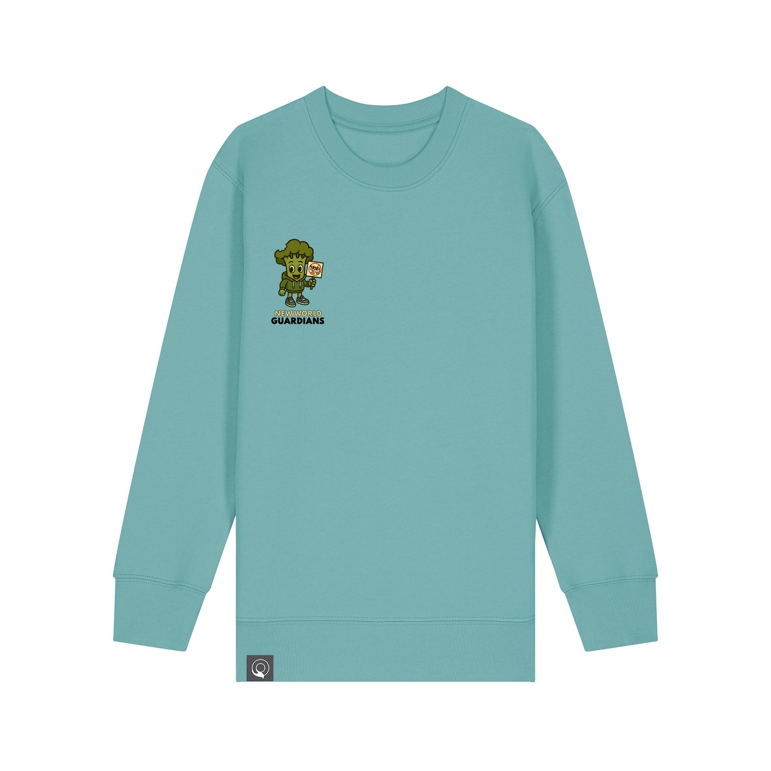 Eco-friendly children’s organic cotton sweater in green with Steamy vegan hero print, 10 colors available