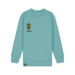 Eco-friendly children’s organic cotton sweater in green with Steamy vegan hero print, 10 colors available