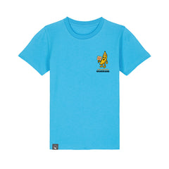 Roots for Our Future kids t-shirt in aqua blue organic cotton with Bany vegan hero print, available in 10 colors