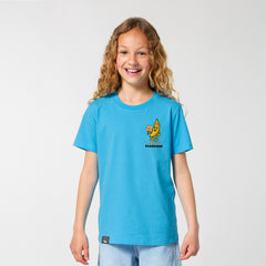 Eco-friendly aqua blue organic cotton t-shirt for kids with Bany design, worn by child