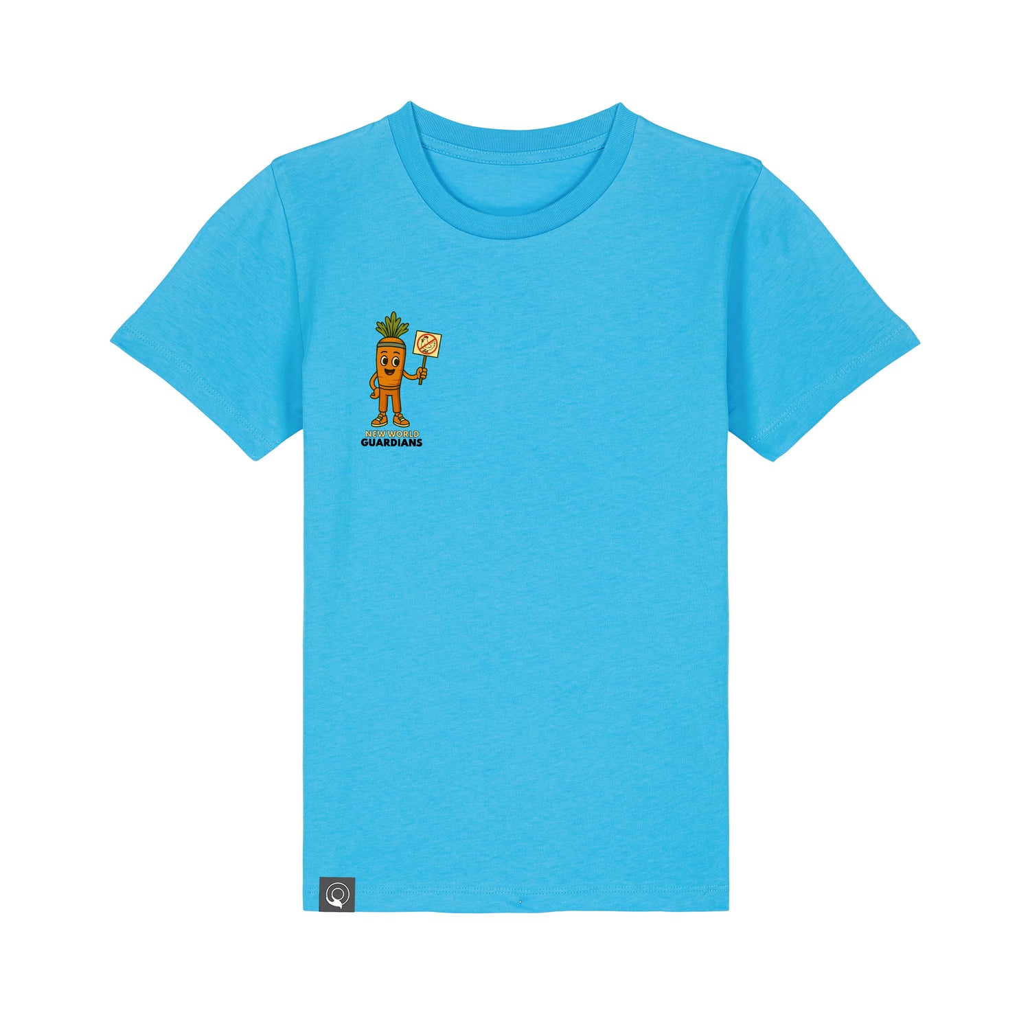 Roots for Our Future kids t-shirt aqua blue in organic cotton with Crunch vegan mascot print
