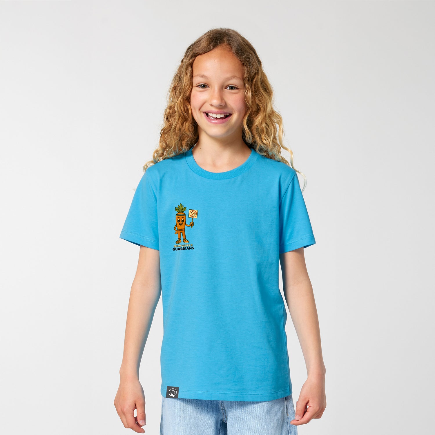 Smiling kid in aqua blue vegan rebel t-shirt with Crunch design, sustainable organic cotton