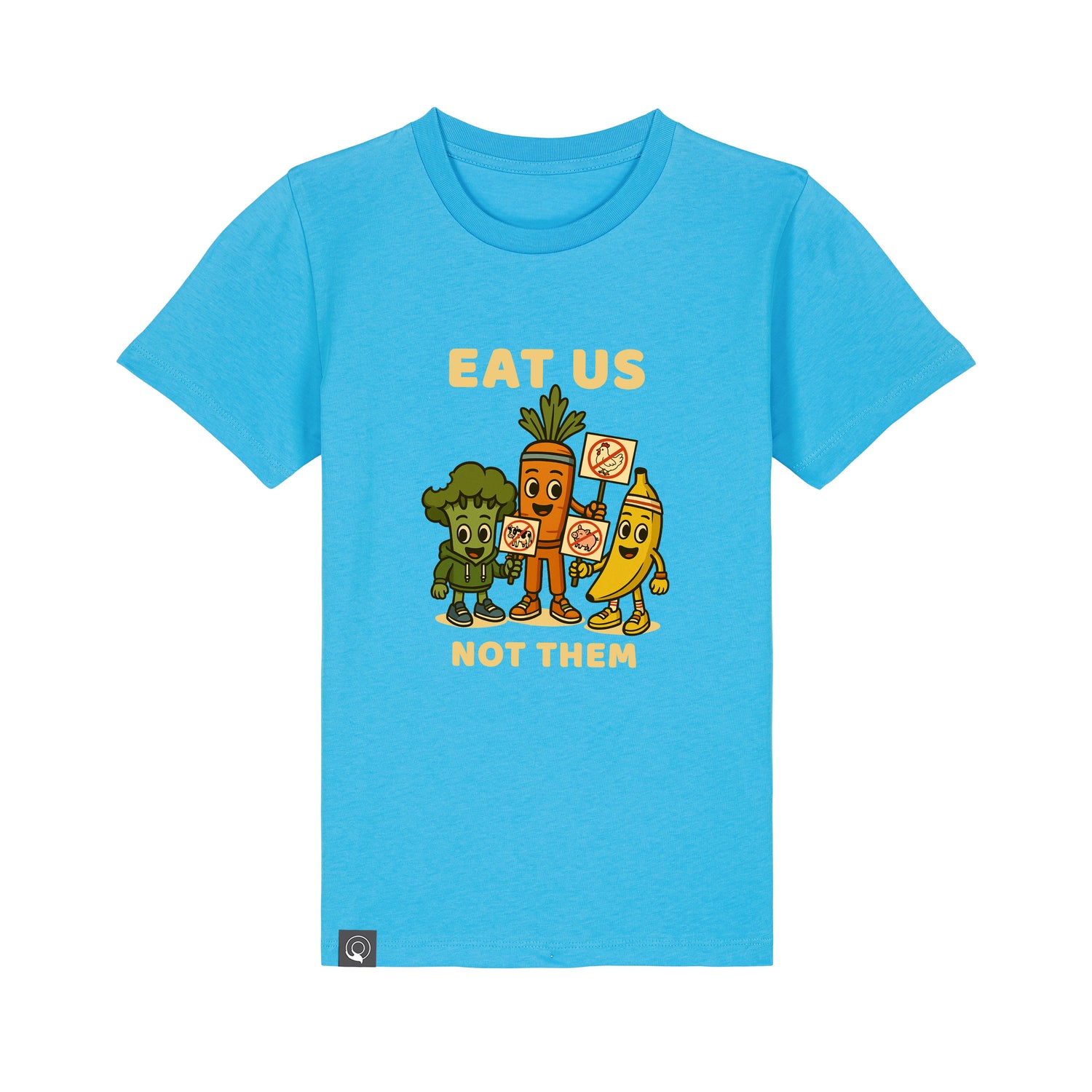 Sustainable organic cotton kids t-shirt in aqua blue with Full Squad hero design, Roots for Our Future, 10 colors