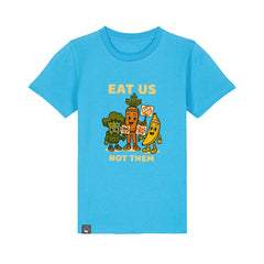 Sustainable organic cotton kids t-shirt in aqua blue with Full Squad hero design, Roots for Our Future, 10 colors