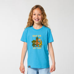 Roots for Our Future kids fashion – child in aqua blue vegan rebel t-shirt with Full NEW WORLD GUARDIANS Squad print