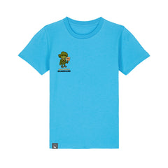 Roots for Our Future kids t-shirt in aqua blue organic cotton with Steamy vegan hero print, available in 10 colors