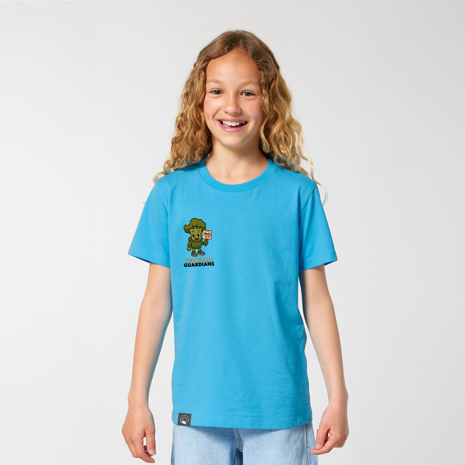 Happy girl wearing vegan rebel t-shirt in aqua blue organic cotton with NEW WORLD GUARDIANS Steamy print