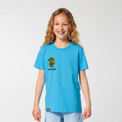 Happy girl wearing vegan rebel t-shirt in aqua blue organic cotton with NEW WORLD GUARDIANS Steamy print