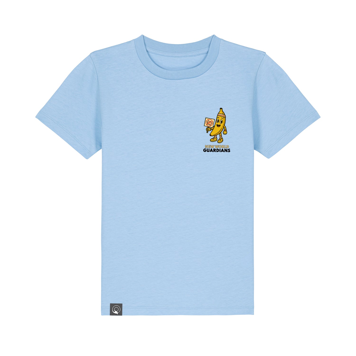 Light blue kids t-shirt made from organic cotton with Bany vegan hero print, ethical fashion in 10 colors