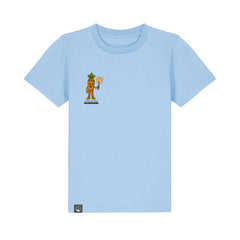 Sustainable light blue kids t-shirt made from organic cotton with NEW WORLD GUARDIANS Crunch cartoon design print
