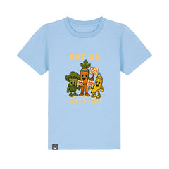 Vegan Rebel kids’ t-shirt in light blue with Full Squad hero print, made from sustainable organic cotton, 10 colors