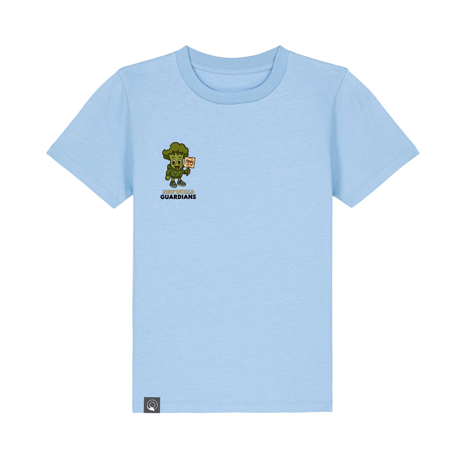 Vegan Rebel children’s t-shirt in light blue with Steamy hero print, made from organic cotton, 10 colors
