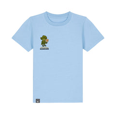 Vegan Rebel children’s t-shirt in light blue with Steamy hero print, made from organic cotton, 10 colors