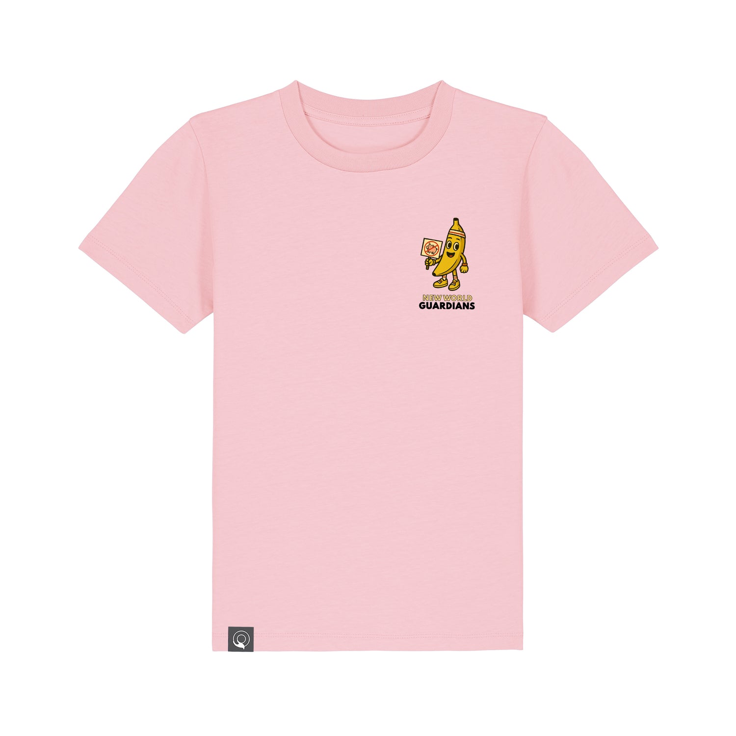 Eco-friendly pink t-shirt for kids with Bany vegan hero graphic, organic cotton, ten color options