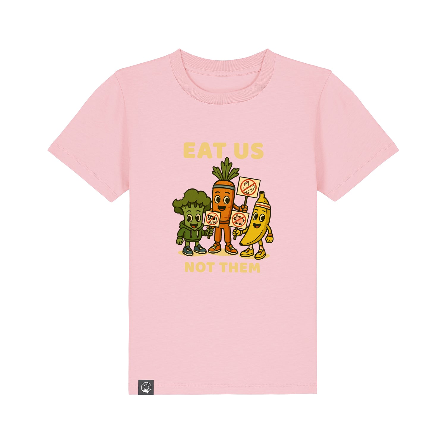 Eco-friendly children’s clothing – pink kids t-shirt with Full Squad vegan hero graphic, organic cotton, ten colors