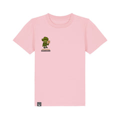 Sustainable kids t-shirt made from organic cotton in pink with Steamy hero design, 10 color options