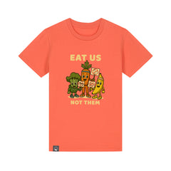 Vegan Rebel orange organic cotton kids t-shirt with Vegan Squad hero design, sustainable fashion in 10 colors
