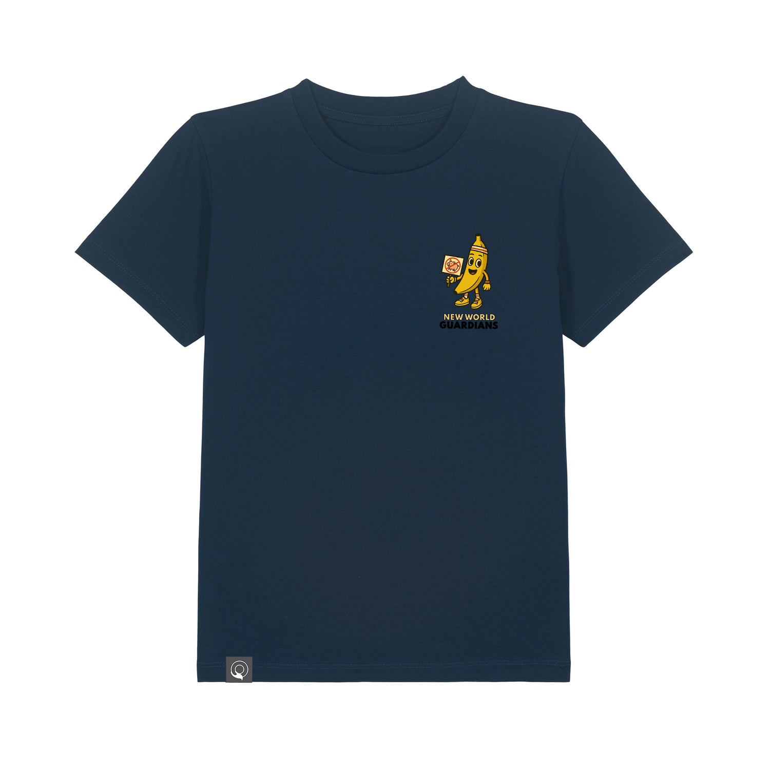 Sustainable kids’ organic cotton t-shirt blue with Bany hero design, Roots for Our Future, 10 colors