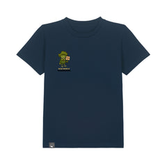 Eco-friendly dark blue kids t-shirt with Steamy vegan hero print, made from organic cotton, ten colors