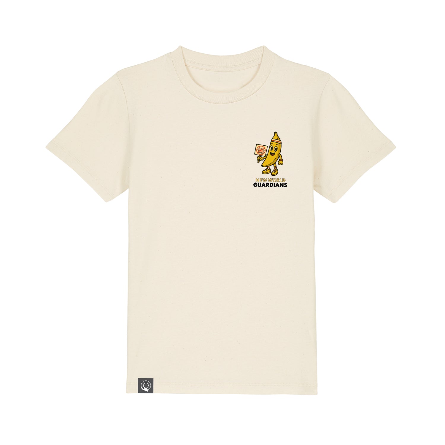 Sustainable fashion for kids – beige t-shirt with Bany vegan hero graphic, organic cotton, 10 colors