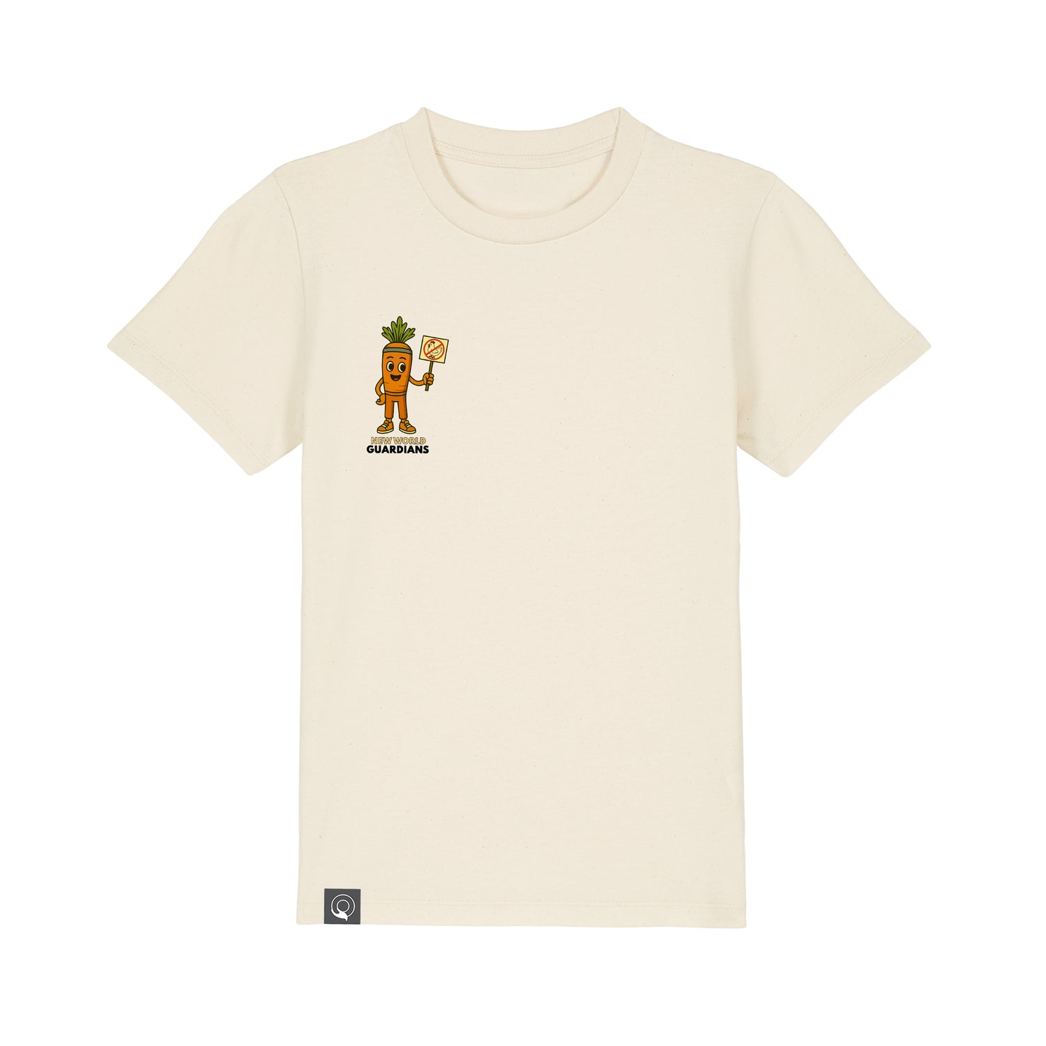 Eco-friendly children’s clothing – Beige t-shirt with Crunch vegan mascot, Roots for Our Future collection