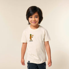 Child wearing beige sustainable kids t-shirt with Crunch vegan mascot, Roots for Our Future collection