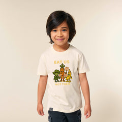 Child wearing beige organic cotton kids t-shirt with Full Squad vegan hero, sustainable fashion
