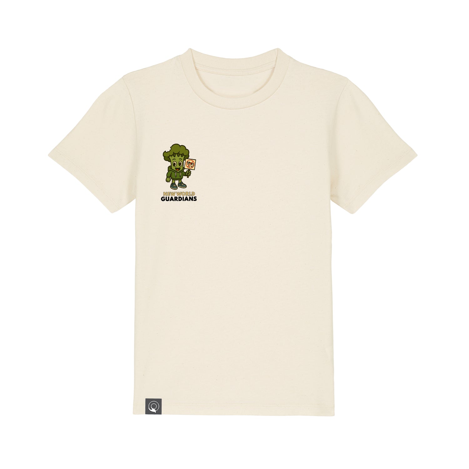 Organic cotton kids clothing – white t-shirt with Steamy hero print, sustainable fashion in 10 colors