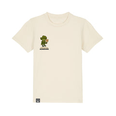 Organic cotton kids clothing – white t-shirt with Steamy hero print, sustainable fashion in 10 colors