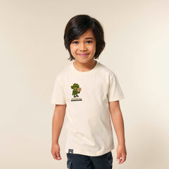 Child in beige sustainable kids t-shirt with Steamy veganhero print, Roots for Our Future Collection